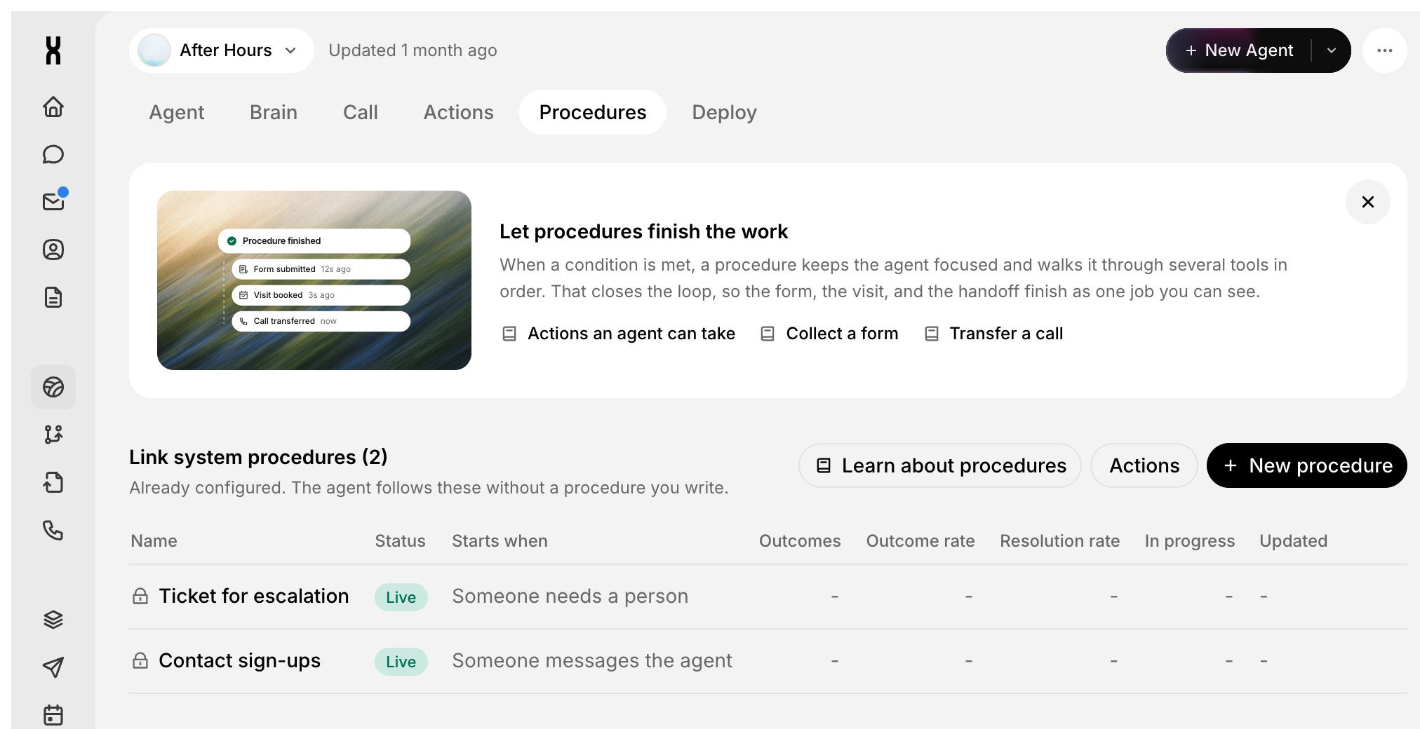 The Procedures tab on an agent